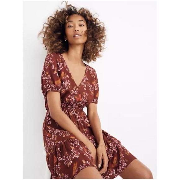 Madewell Dresses & Skirts - Madewell Ruffle Wrap Windowbox Red Brown Floral Dress Size 4